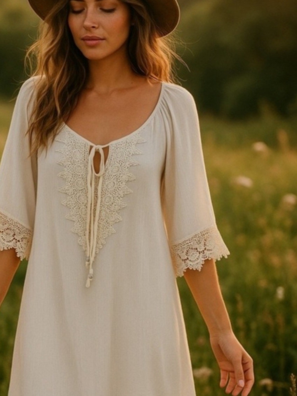 Cream Bohemian Lace-Trim Peasant Dress